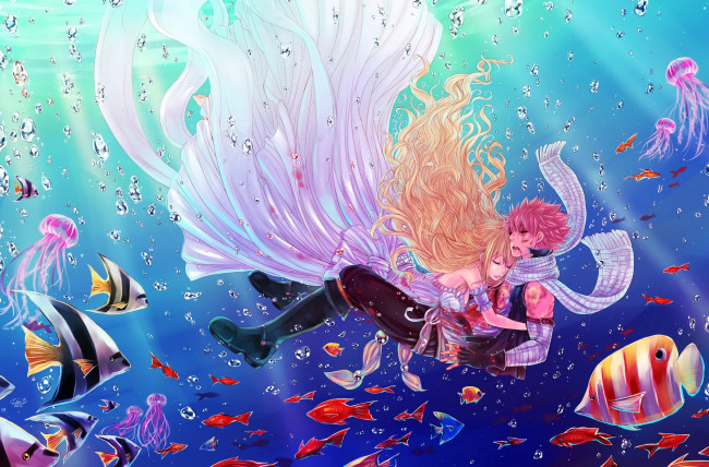 Обои картинки фото аниме, fairy tail, lucy, heartfilia, natsu, dragneel, fairy, tail, art, anime, под, водой, парень, девушка, раны, рыбы, вода