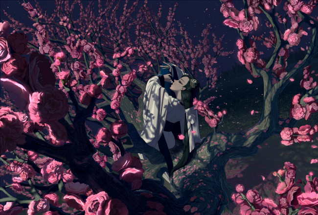 Обои картинки фото аниме, unknown,  другое, арт, девушка, дерево, сакура, цветы