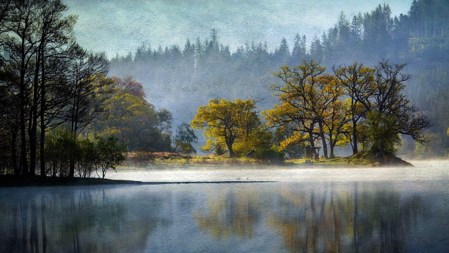 Обои картинки фото рисованное, живопись, водоем, деревья