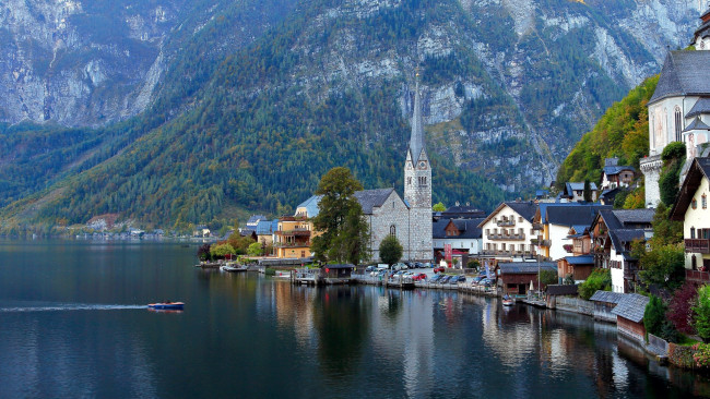 Обои картинки фото города, гальштат , австрия, отражение, озеро, горы