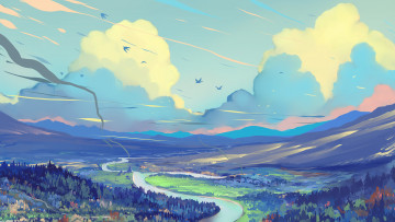 Картинка рисованное природа река горы лес небо