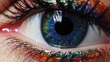 Картинка красота разное глаза макро глаз ресницы блеск макияж тени цифровое искусство космос в глазах радужная оболочка ии-арт нейросеть искусственного интеллекта