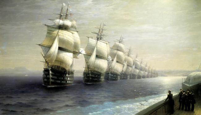 Обои картинки фото иван, айвазовский, смотр, Черноморского, флота, 1849, рисованные, море, парусники