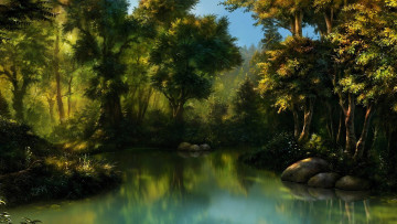 Картинка 3д графика nature landscape природа лес болото вода камни чаща