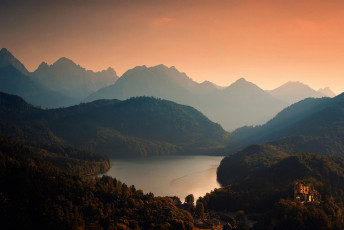 Картинка природа реки озера земля бавария закат небо озеро фрг горы леса хоэншвангау замок