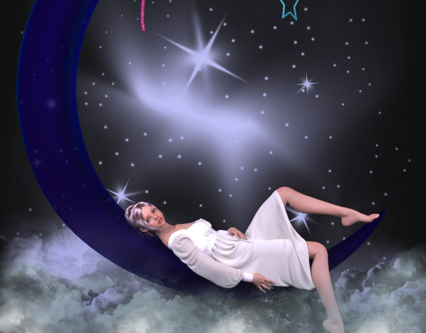 Обои картинки фото 3д графика, фантазия , fantasy, луна, взгляд, девушка, звезды