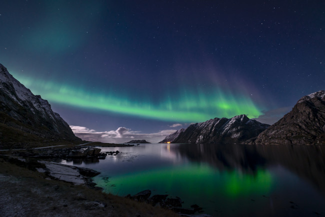 Обои картинки фото природа, северное сияние, лофотенские, острова, ночь, северное, сияние, норвегия