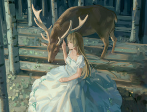 Картинка аниме животные +существа девушка minami kotori животное рога олень природа деревья zicai tang арт