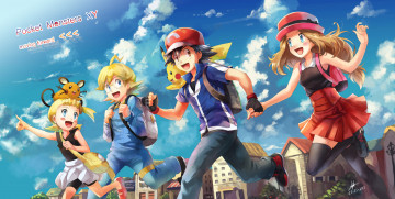 Картинка аниме pokemon r-sraven покемоны бегут девочки мальчики арт serena satoshi pikachu eureka dedenne эш citron