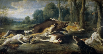 Картинка рисованное живопись золотой век собаки кабан охота
