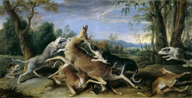 Обои картинки фото рисованное, живопись, собака, охота, олень, золотой, век