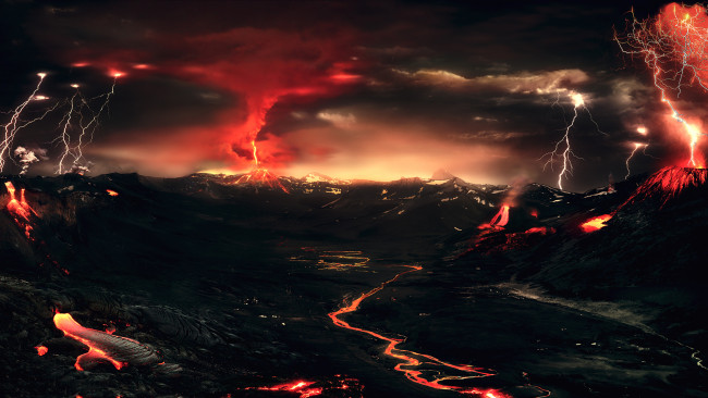 Обои картинки фото природа, стихия, ночь, горы, лава, вулкан, огни, молния, гроза