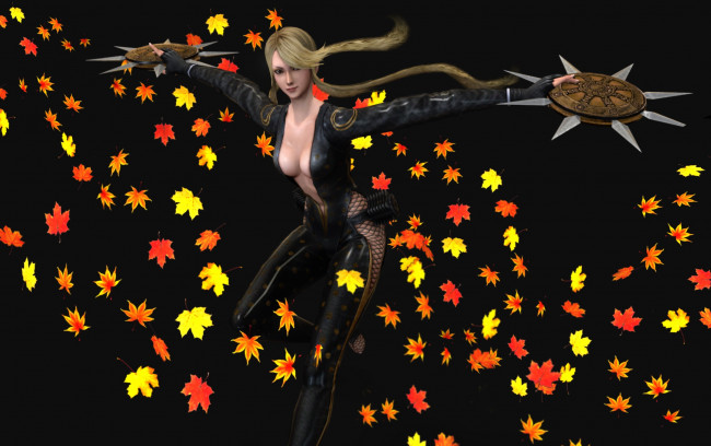 Обои картинки фото 3д графика, фантазия , fantasy, девушка, взгляд, фон, оружие, листья