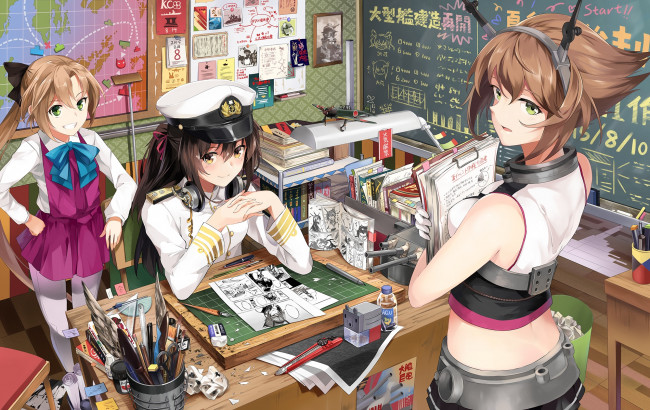 Обои картинки фото аниме, kantai collection, стол, kancolle, admiral, neko, yanshoujie, арт, девушки, комната, mutsu, akigumo, бумаги, kantai, collection