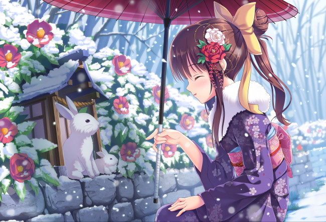 Обои картинки фото аниме, зима,  новый год,  рождество, кролик, зонт, цветы, девочка, арт, tonchan, камелии