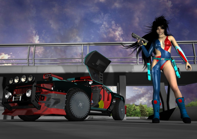 Обои картинки фото 3д графика, фантазия , fantasy, девушка, автомобиль, оружие, фон, взгляд