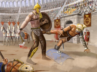 Картинка фэнтези люди воины гладиаторы арена схватка доспехи