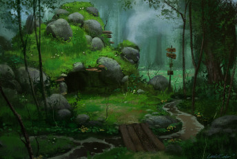 Картинка рисованное живопись речка лес землянка