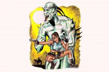 Картинка рисованное комиксы мужчина пистолет девушка фон язык существо
