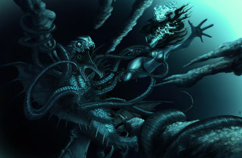 Картинка фэнтези красавицы+и+чудовища подводный мир существо тварь девушка аквалангист