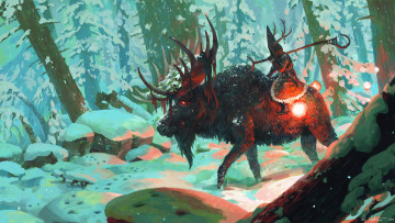 Картинка фэнтези существа лось наездник лес зима посох