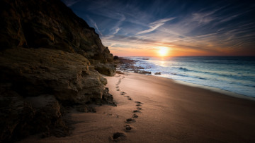 Картинка природа побережье пляж дорожки камень путь скалы море горизонт волны облака восход