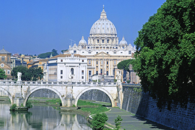 Обои картинки фото italy st peters basilica rome, города, рим,  ватикан , италия, набережная, река, мост, собор