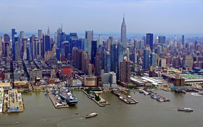 Обои картинки фото города, нью-йорк , сша, море, причалы, суда, панорама, город
