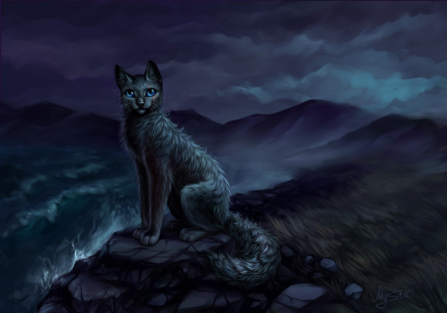 Обои картинки фото рисованное, животные,  коты, кошка, водоем, камни, ночь