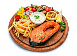 Картинка еда рыбные+блюда +с+морепродуктами форель картофель фри овощи соус