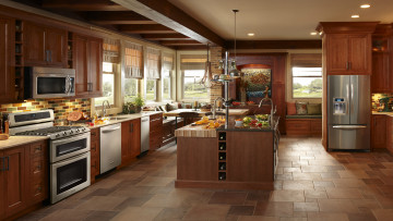 Картинка интерьер кухня плита холодильник кухонное оборудование