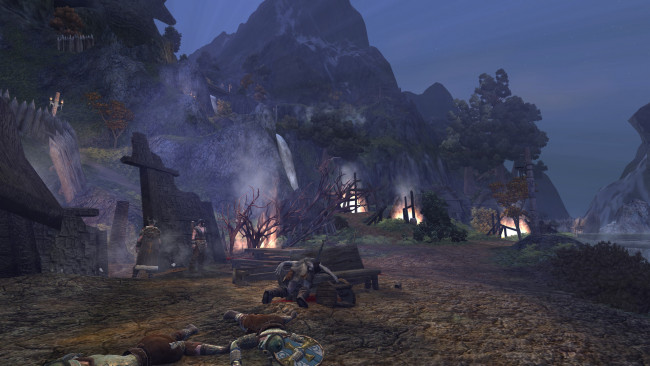 Обои картинки фото видео игры, age of conan,  unchained, горы, селение, трупы, огонь