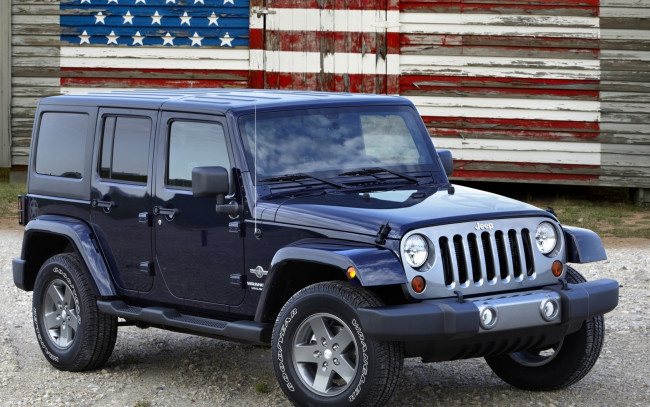 Обои картинки фото автомобили, jeep, джип, внедорожник, анлимитед, ренглер, передок, американский, флаг