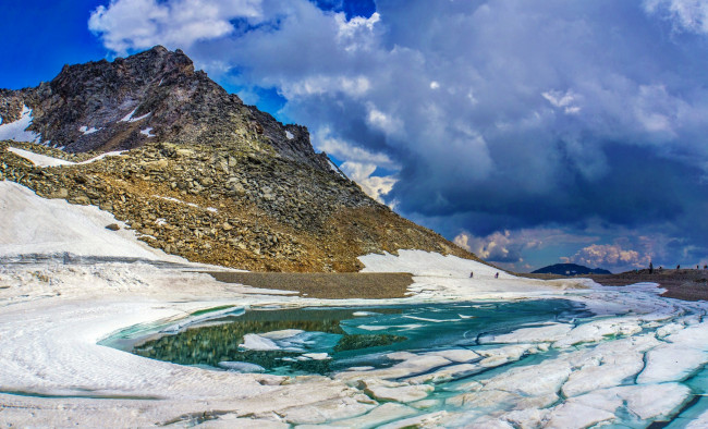 Обои картинки фото природа, горы, озеро, снег, лед, облака