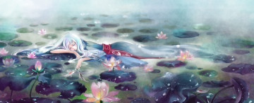 Картинка аниме животные +существа девушка арт кувшинки озеро цветы туман vira