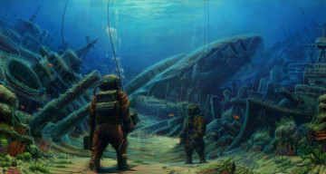 Картинка фэнтези иные+миры +иные+времена иной подводный мир водолазы корабли руины