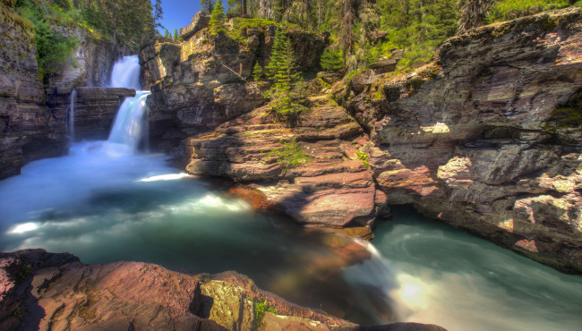 Обои картинки фото природа, водопады, st, mary, falls, парк, водопад, montana, glacier, national, park, лес
