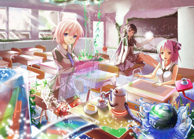 Обои картинки фото аниме, unknown,  другое, посуда, столы, класс, фон, девушки, взгляд