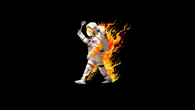 Обои картинки фото рисованное, минимализм, астронавт, пламя, огонь, костюм