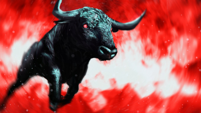 Обои картинки фото рисованное, животные,  коровы, кровавый, туман, рога, черный, погоня, вихрь, красные, глаза, бешеный, ярость, бык