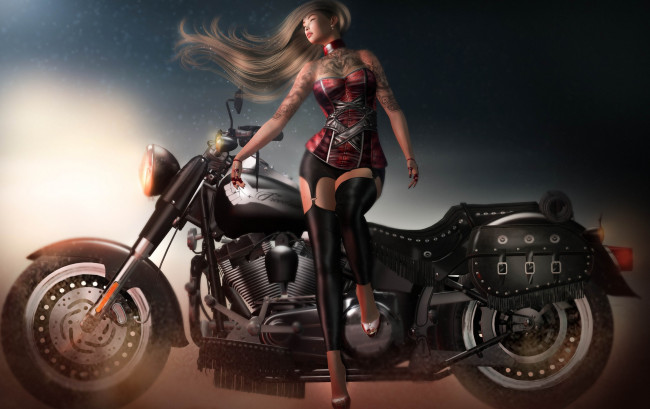 Обои картинки фото 3d девушка, 3д графика, люди-авто, мото , people- car ,  moto, девушка, мотоцикл, 3d