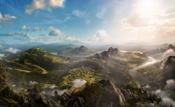 Картинка рисованное природа горы долина река облака поселок