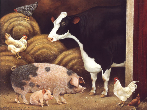 Обои картинки фото рисованные, животные, корова, курица, свинья, петух, поросенок