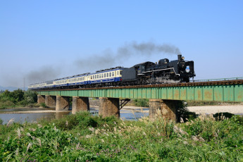 Картинка техника паровозы мост река вагоны