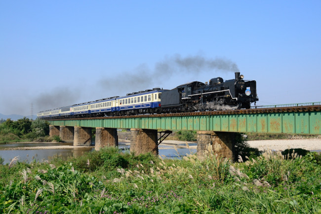 Обои картинки фото техника, паровозы, мост, река, вагоны
