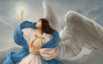 Картинка фэнтези ангелы облака свет арфа крылья ангел символ
