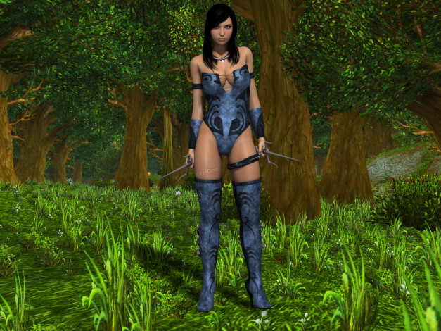 Обои картинки фото 3д графика, фантазия , fantasy, оружие, девушка, взгляд, лес
