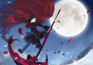 Картинка аниме оружие +техника +технологии снег арт плащ ruby деревья rwby луна лепестки девушка mizukai коса
