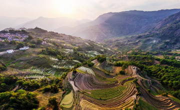 Картинка юньнань +китай природа горы уступы поля панорама