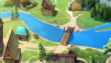 Картинка рисованное города мост изба водоем